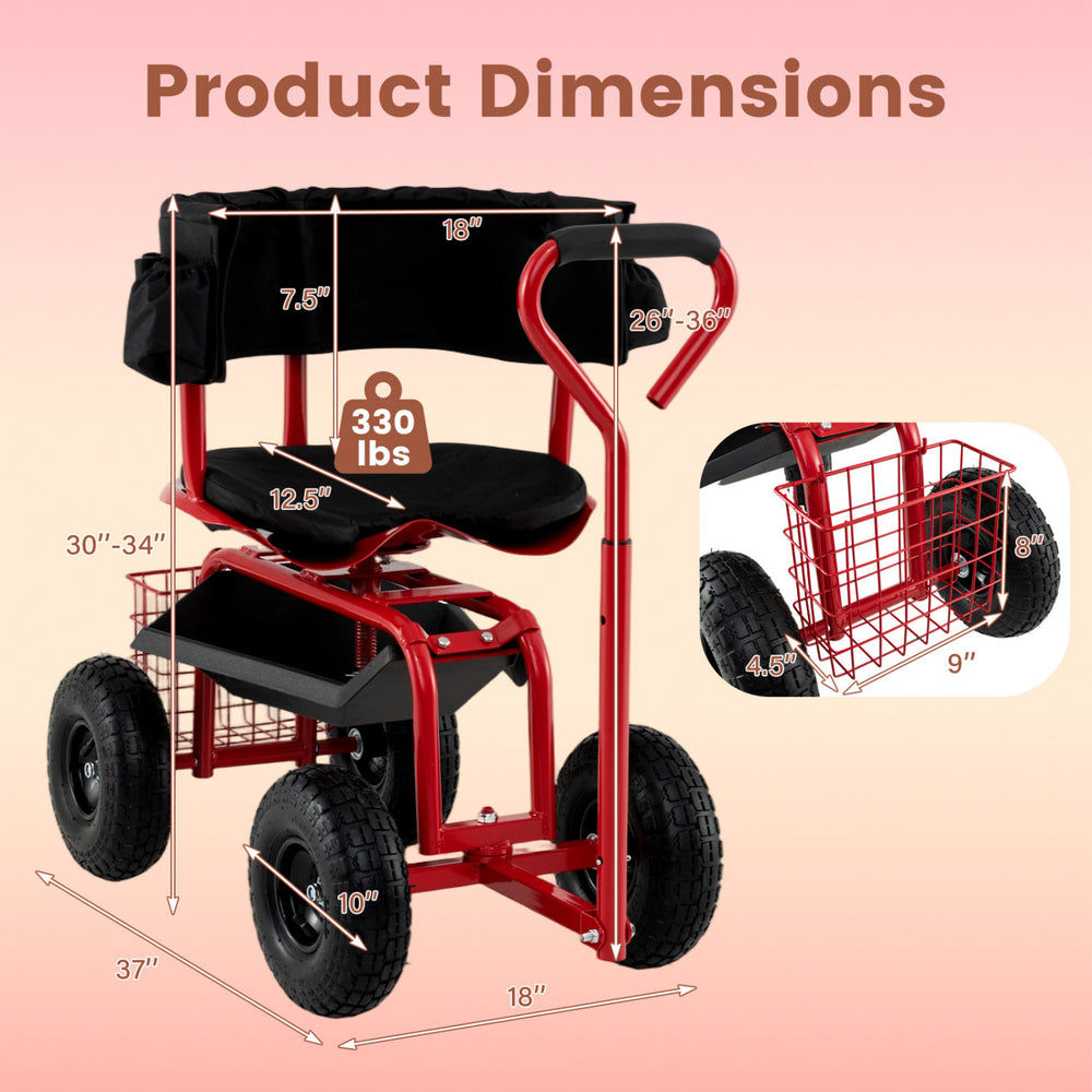 Cushioned rolling garden cart scooter in black and red, showcasing detachable design and ergonomic steering handle for.