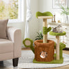 Cat tree activity center in green with trunk condo, flower perch, and scratching posts for indoor play and relaxation.