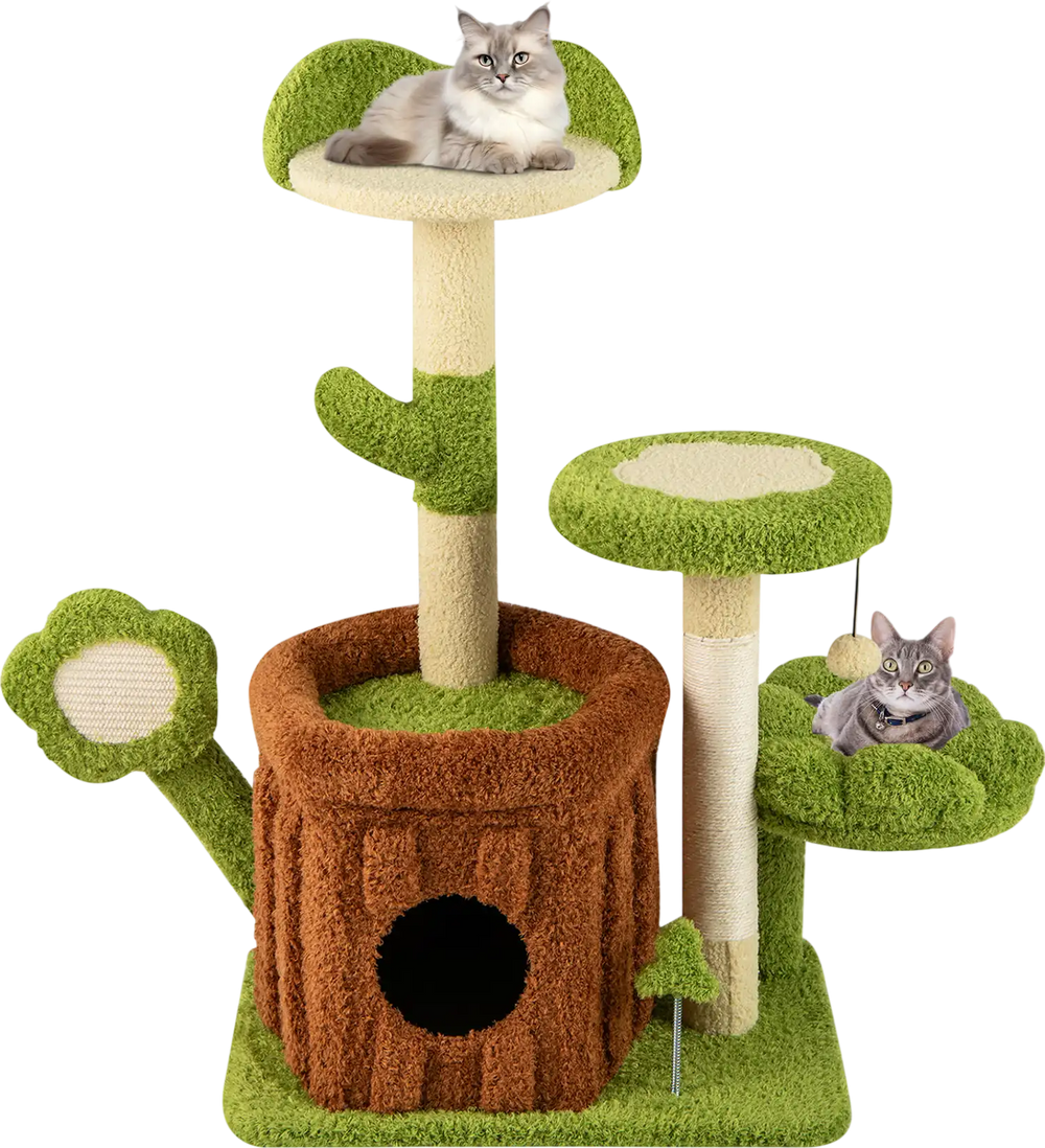 Flower-shaped padded perch on the green cat tree, featuring a cozy condo and scratching post for indoor cat activities.