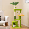 Multi-level green cat tree with plush surfaces, sisal scratching posts, and two platforms for adult cats to play and.