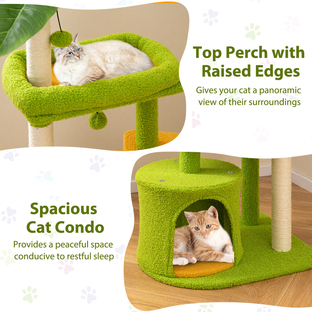 Top perch with raised edges on a green cat tree, offering a panoramic view for your cat's relaxation and play.