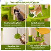 Multi-level green cat tree featuring sisal scratching posts, self-groomer, and large jumping platforms for play and.