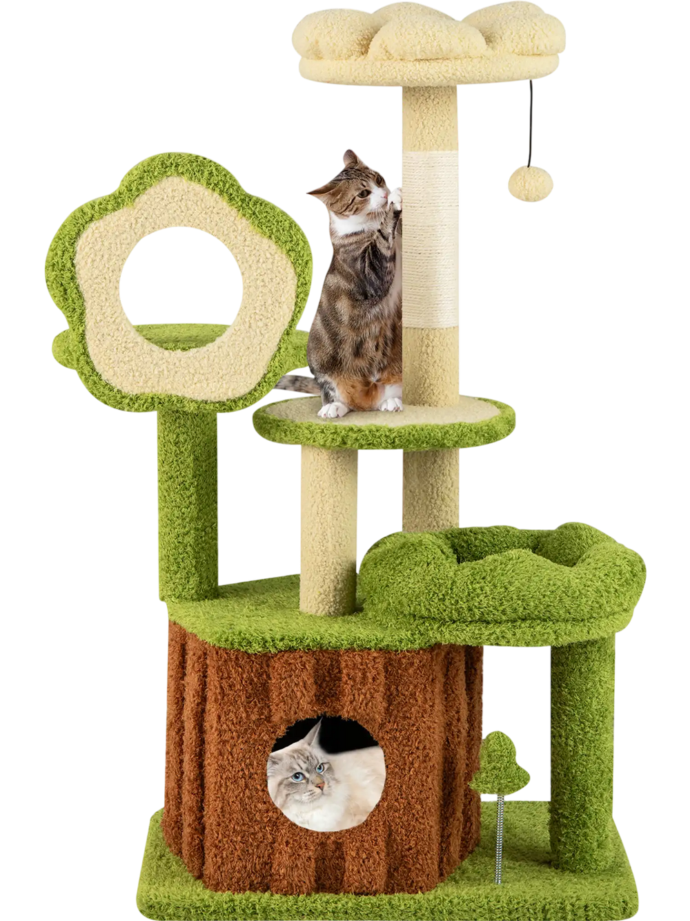 Multi-level cute cat tree in green with trunk condo, flower perch, and scratching post for adult cats' play and rest.
