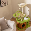 Multi-level cat tree in green with flower perches, trunk condo, and scratching post for adult cats' play and relaxation.