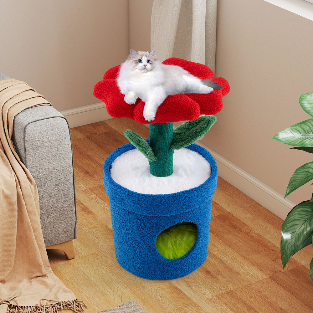 Flower-shaped cat tree with padded perch and blue planter condo, designed for indoor cats' comfort and play.