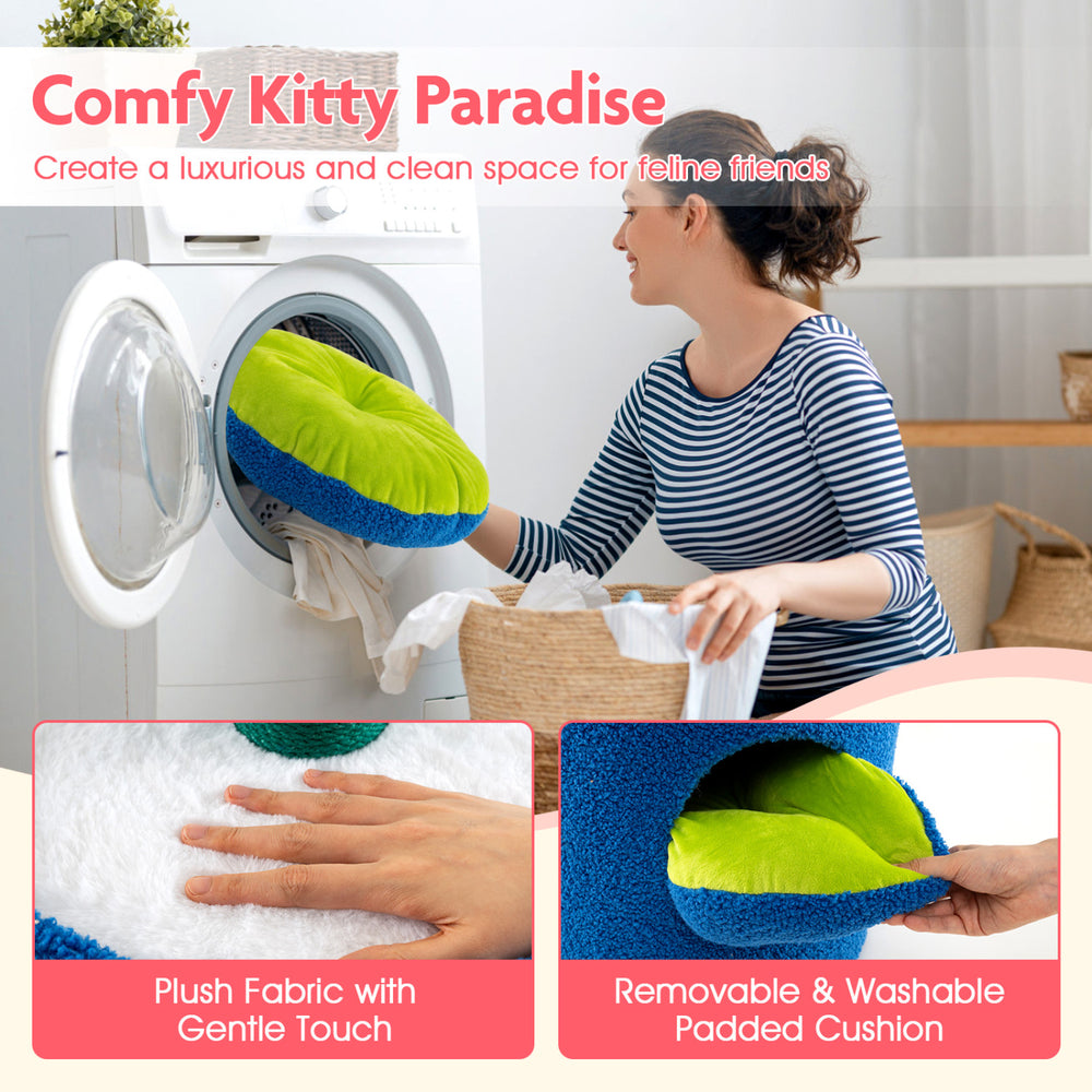 Flower padded perch of the red cat tree with removable cushion and plush fabric, perfect for indoor cat lounging.