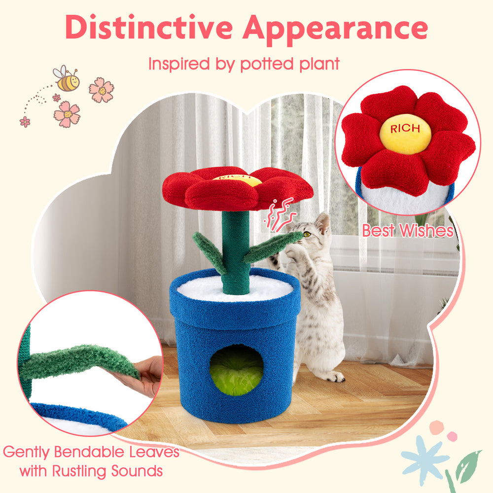 Cute cat tree with a flower perch, soft fiberfill, and planter-shaped condo for indoor cats' comfort and fun.