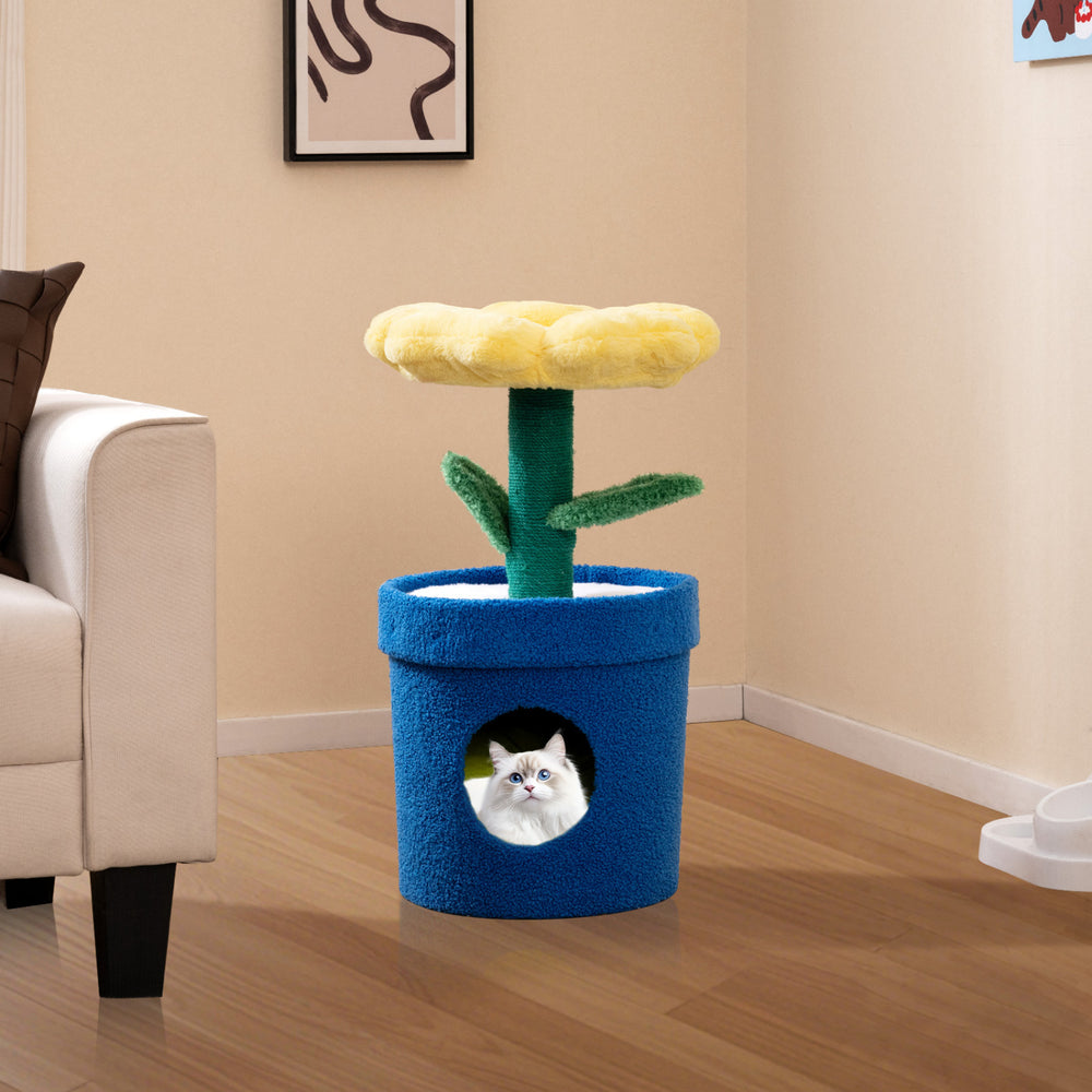 Cute Cat Tree with Flower Padded Perch for Indoor Cats-Yellow - Gallery View 1 of 10