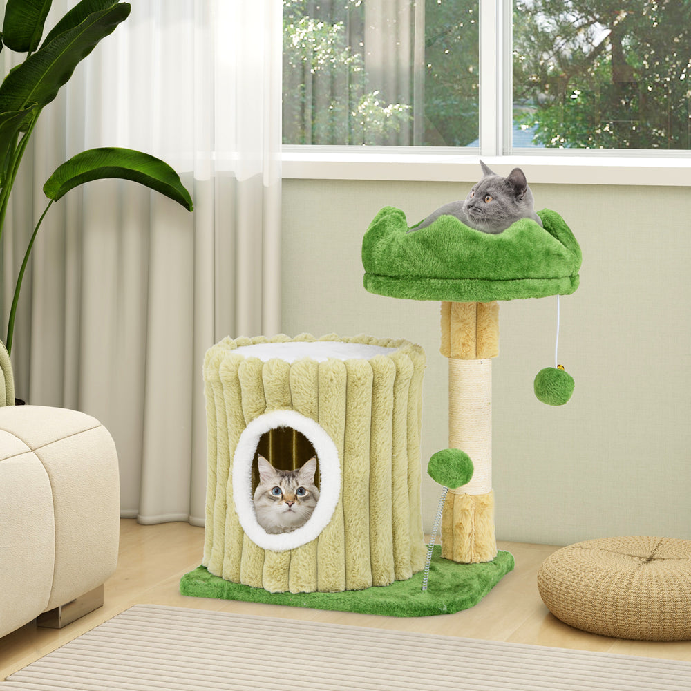 Cat tree featuring a plush top perch and cozy condo, designed for play and relaxation, perfect for small spaces.