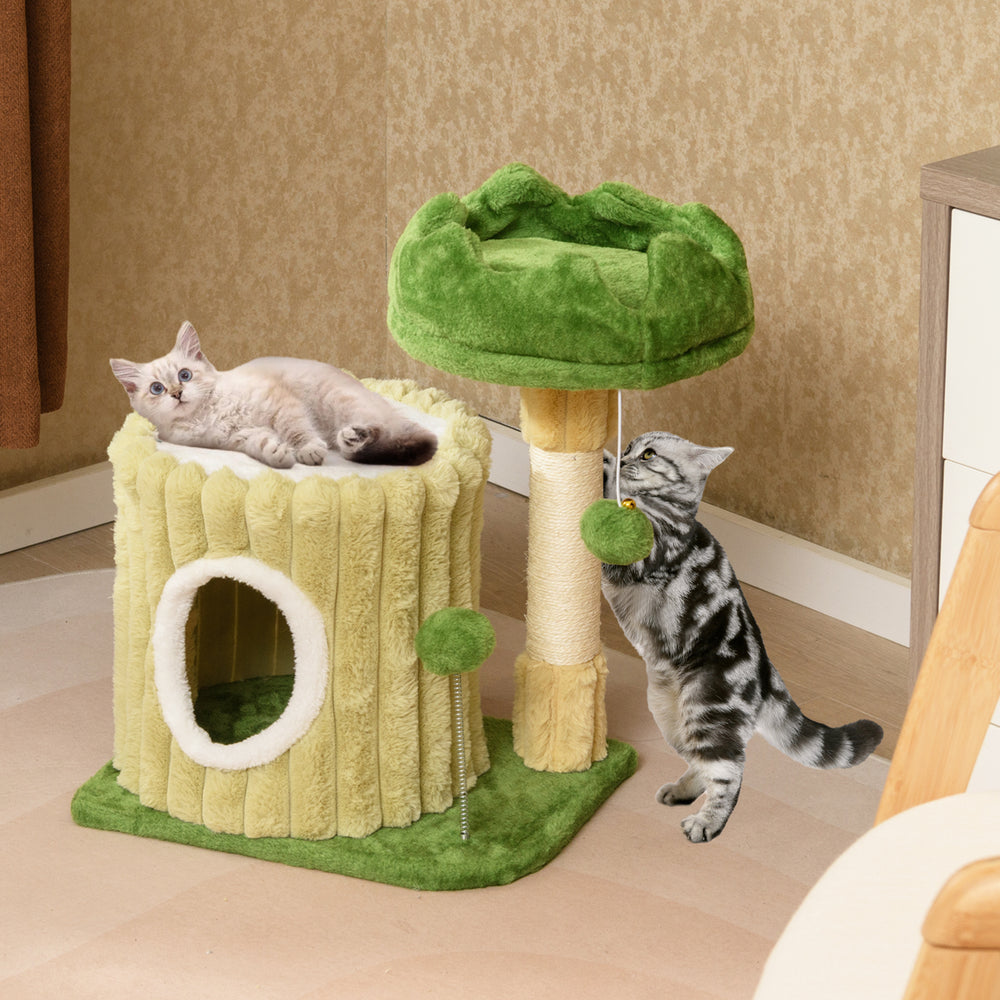 Cat tree featuring a plush condo and sisal scratching posts, perfect for climbing, scratching, and resting.