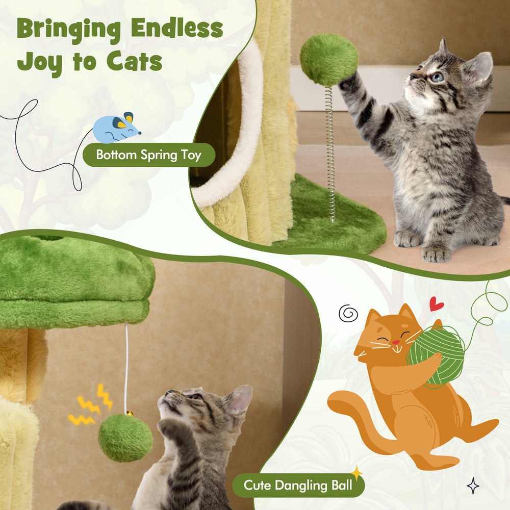 Cute cat tree featuring a dangling ball and spring toy, designed for feline play and comfort in compact spaces.