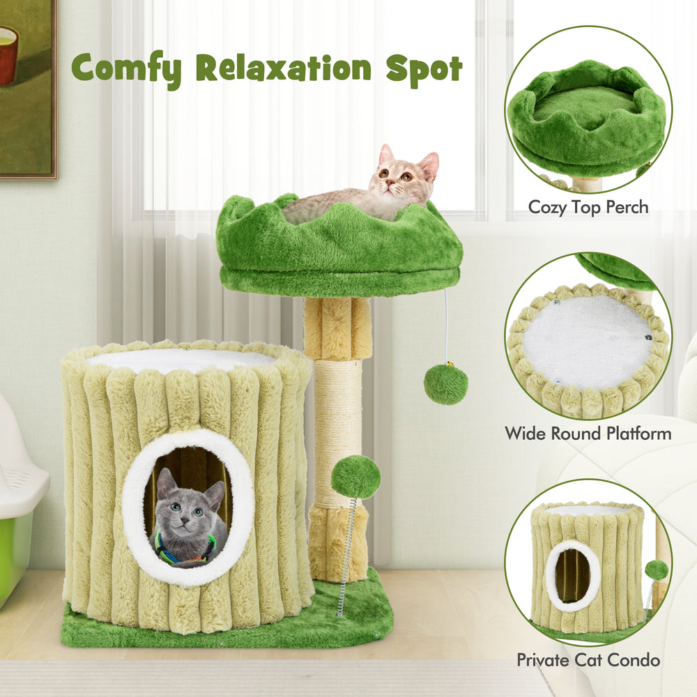 Cute cat tree featuring a cozy top perch, sisal scratching posts, and a dangling ball for playful relaxation.