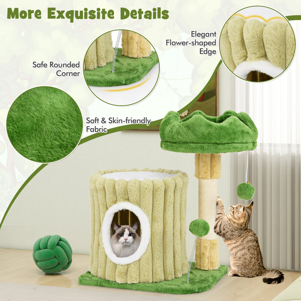 Cute cat tree featuring a flower-shaped top perch, sisal scratching posts, and a dangling pompom for playful engagement.