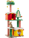 Multicolor Christmas cat tree featuring gift box condos, scratching posts, and a cozy top perch for indoor cats.