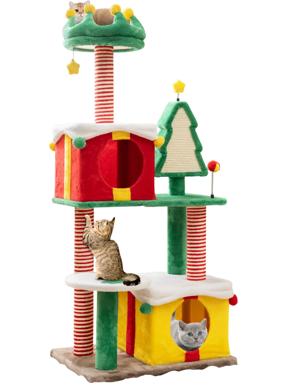 Multicolor Christmas cat tree featuring gift box condos, scratching posts, and a cozy top perch for indoor cats.