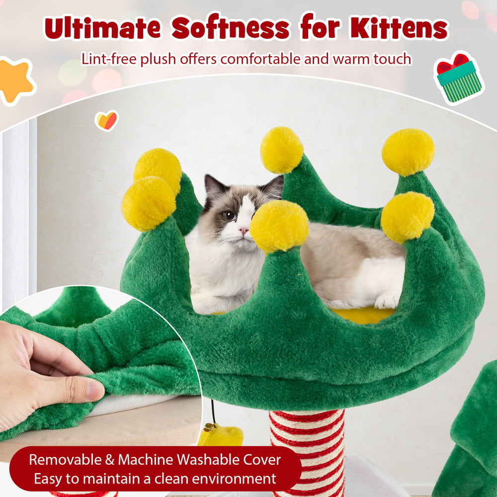 Cute Christmas cat tree with plush pompom and cozy condos, perfect for indoor cats to play and relax.