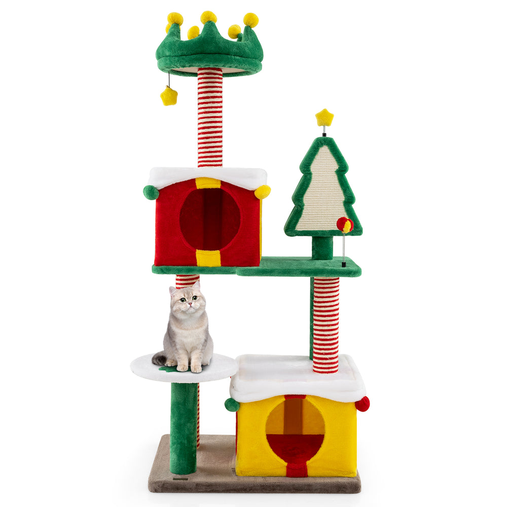 Multicolor Christmas cat tree featuring two cozy condos, scratching posts, and a top perch for indoor cats.