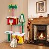 Multicolor Christmas cat tree with gift box condos, scratching posts, and plush toys for indoor cat fun and relaxation.