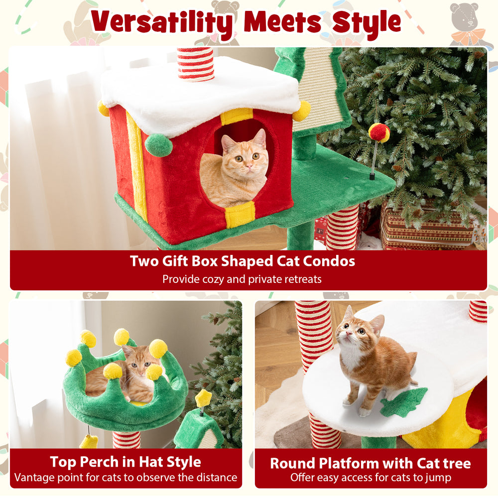 Two gift box-shaped cat condos in a colorful Christmas cat tree, providing cozy retreats for indoor cats.