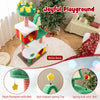Multicolor Christmas cat tree with gift box condos, plush pompom, and sisal scratching posts for indoor cats.