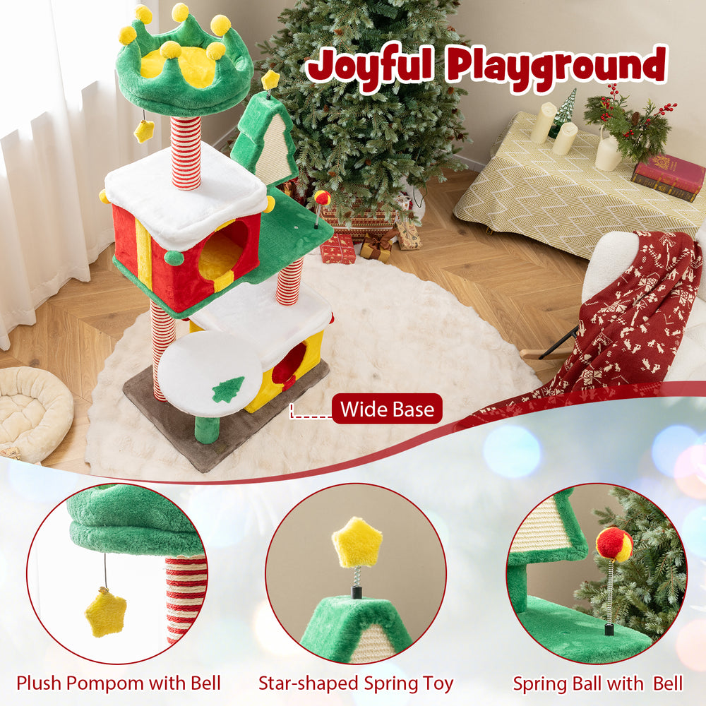 Multicolor Christmas cat tree with gift box condos, plush pompom, and sisal scratching posts for indoor cats.