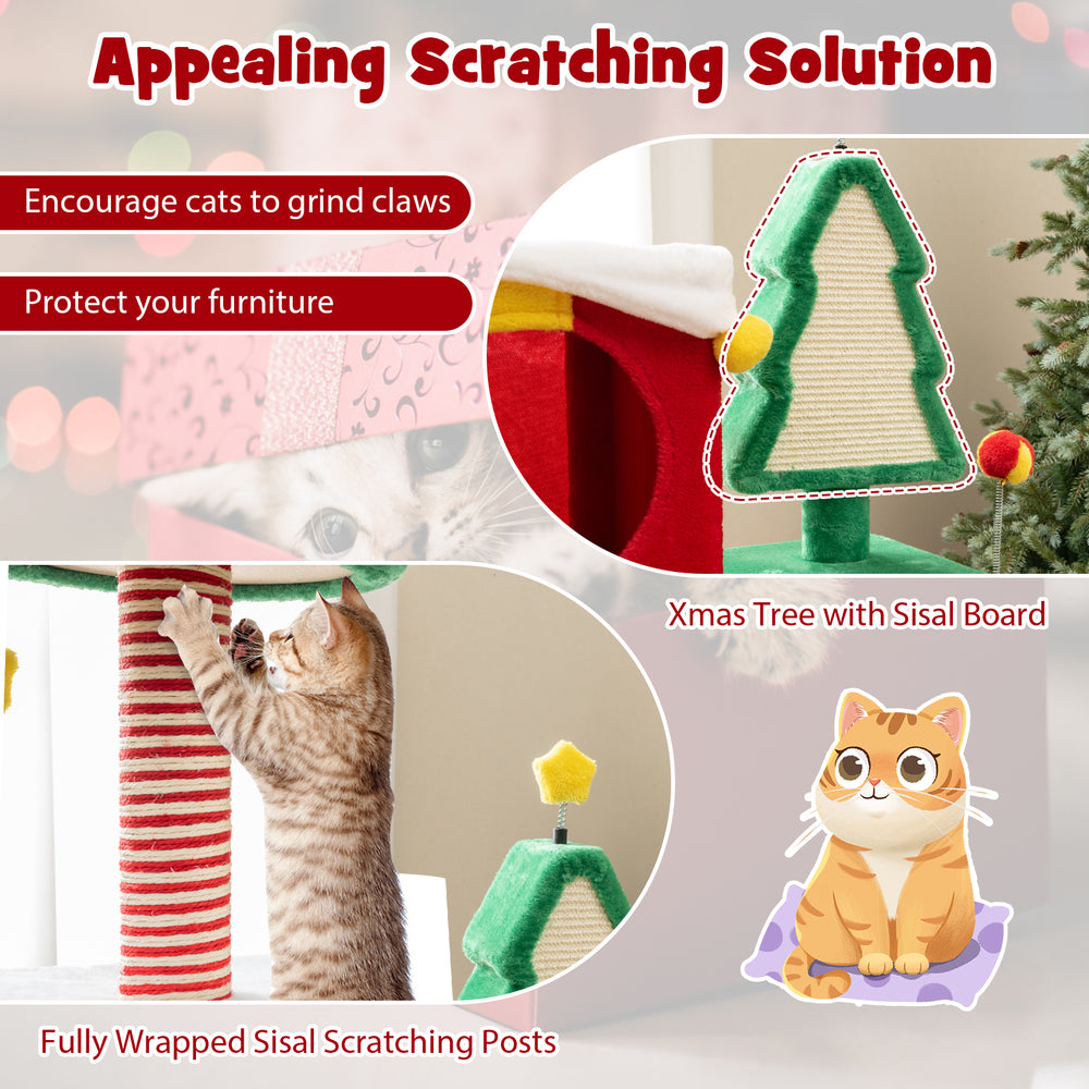 Cute Christmas cat tree with sisal scratching posts and cozy condos, perfect for indoor cats to play and relax.