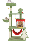 Cute Christmas cat tree in green with sisal scratching posts, gift box condo, and cozy hammock for playful felines.