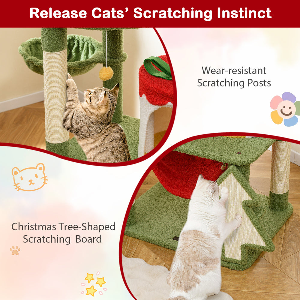 Christmas tree-shaped scratching board with sisal posts and cozy condo for healthy scratching and feline relaxation.