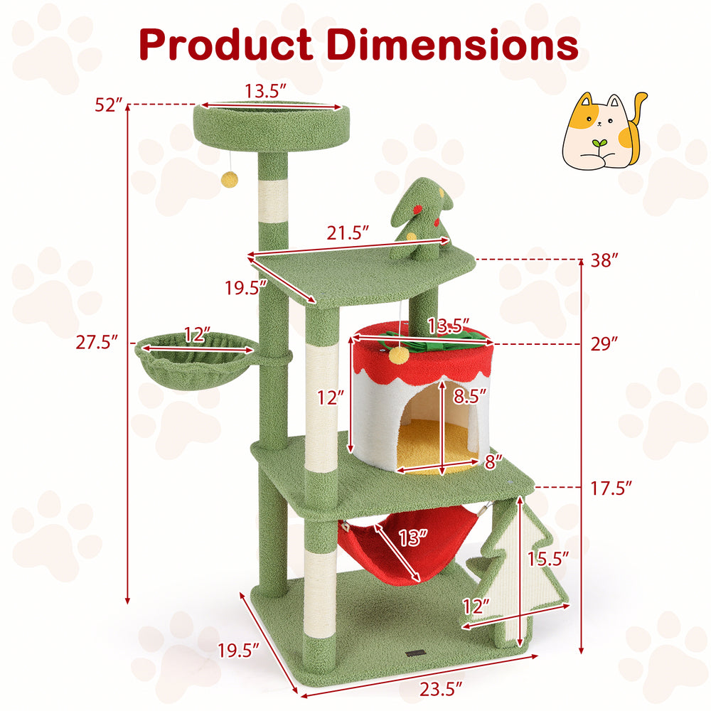 Cute Christmas cat tree in green with condo, scratching posts, and hammock, perfect for feline relaxation and play.