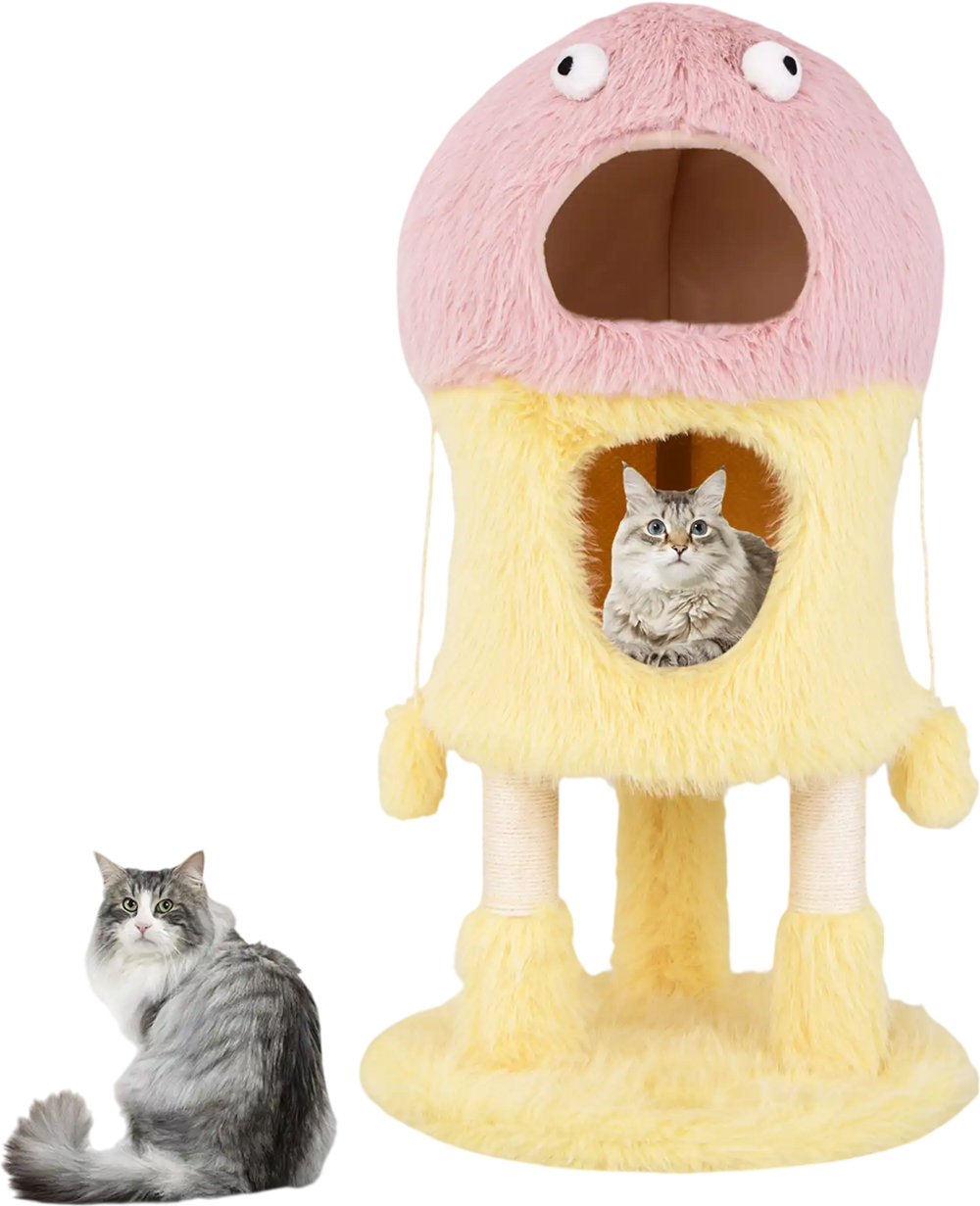 Cute monster-themed cat tower in yellow with two condos, plush fabric, and hanging toys for playful cats.