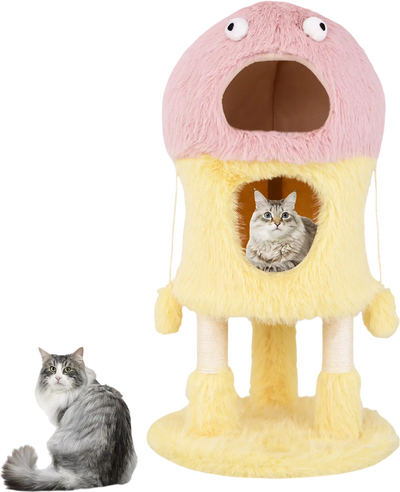 Costway Monster-Themed Cat Tower 2 Condos 3-Level Activity Center Yellow 69321874 New