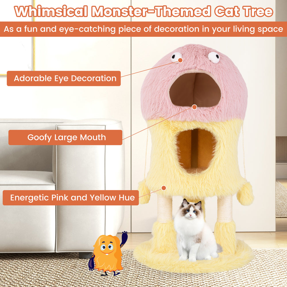 Whimsical monster-themed cat tower in pink and yellow with two condos and plush hanging toys for playful cats.