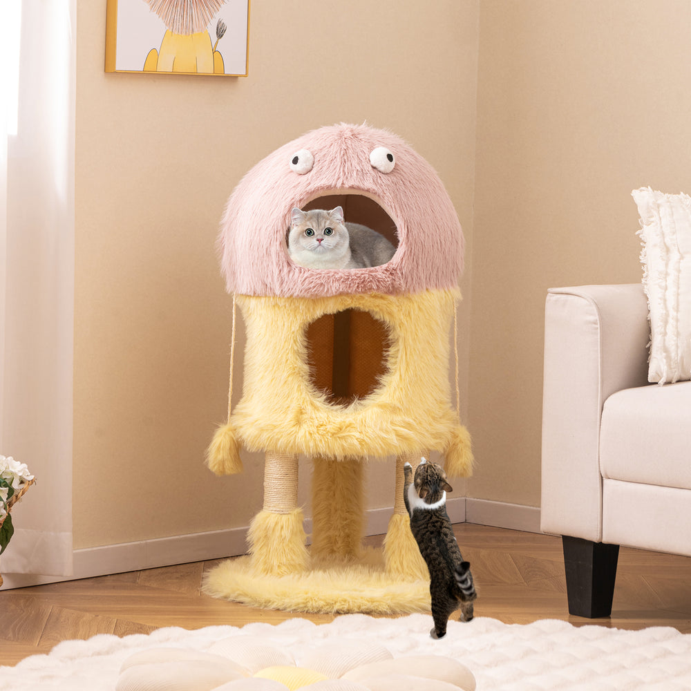Cute monster-themed cat tower in yellow with a cozy top condo and plush fabric for ultimate comfort and playful.