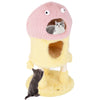 Cute monster-themed cat tower in yellow with two condos, sisal scratching post, and plush toys for playful cats.