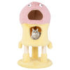 Cute monster-themed cat tower in yellow with two condos, sisal scratching post, and plush hanging toys for playful cats.