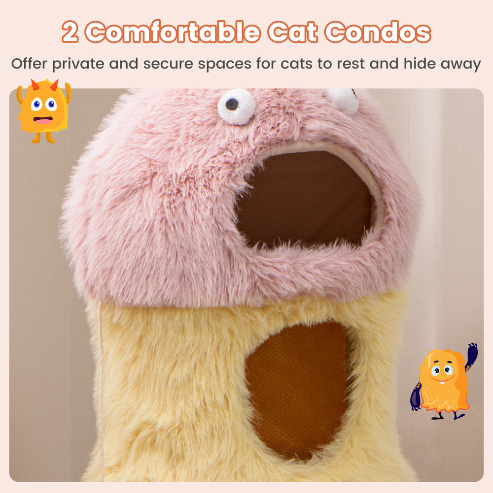 Cute monster-themed cat tower with two cozy condos, plush fabric, and sisal scratching post for playful relaxation.