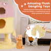 Cute monster-themed cat tower in yellow with plush dangling toys, cozy condos, and a sisal scratching post for playful.