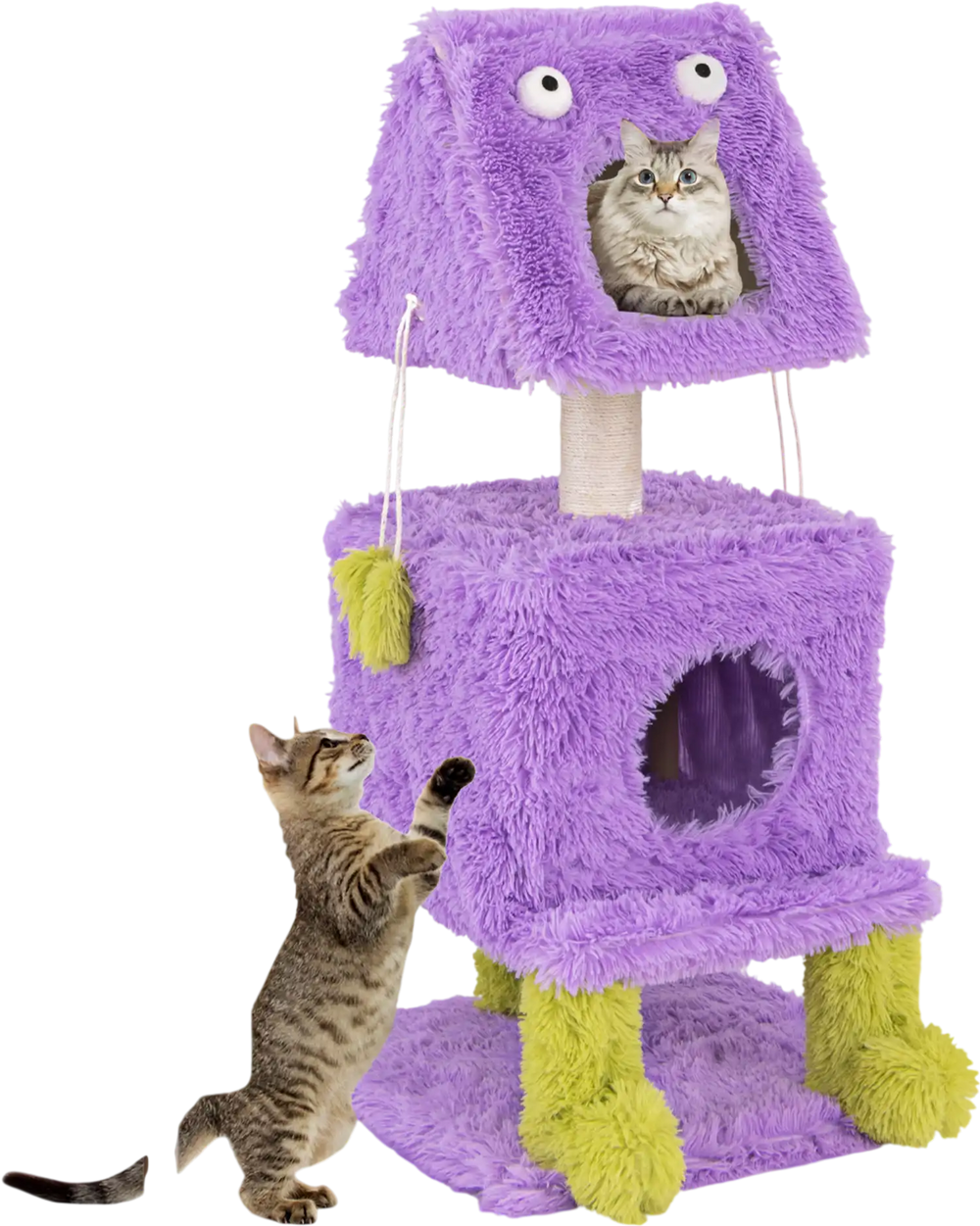 Purple monster-themed cat tower with two cozy condos, sisal scratching post, and plush hanging toys for playful cats.