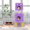 Purple monster-themed cat tower featuring two cozy condos, sisal scratching post, and plush hanging toys for playful.