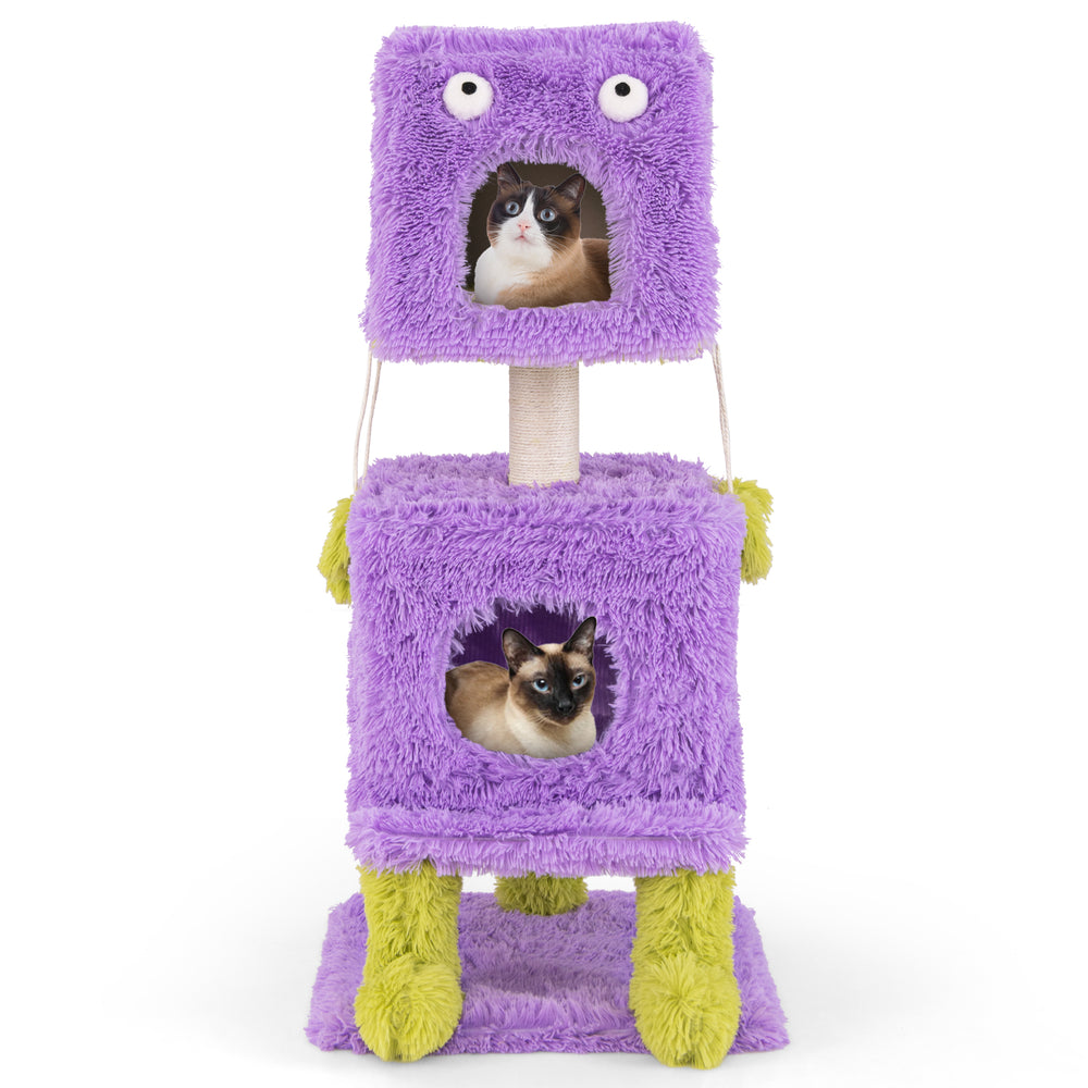 Cute monster-themed cat tower in purple with two cozy condos and a sisal scratching post for playful kittens.
