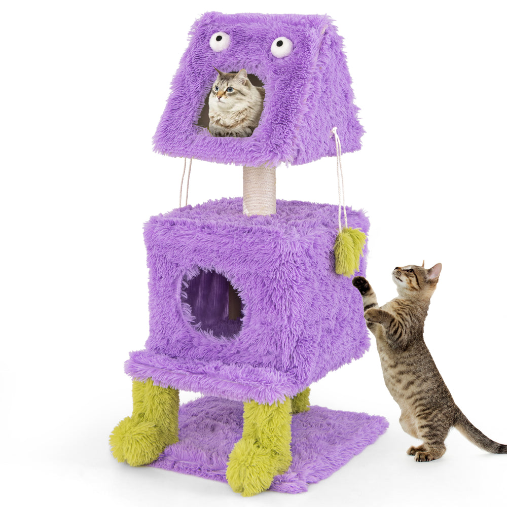 Purple cute monster-themed cat tower featuring two condos, sisal scratching post, and plush hanging toys for playful.