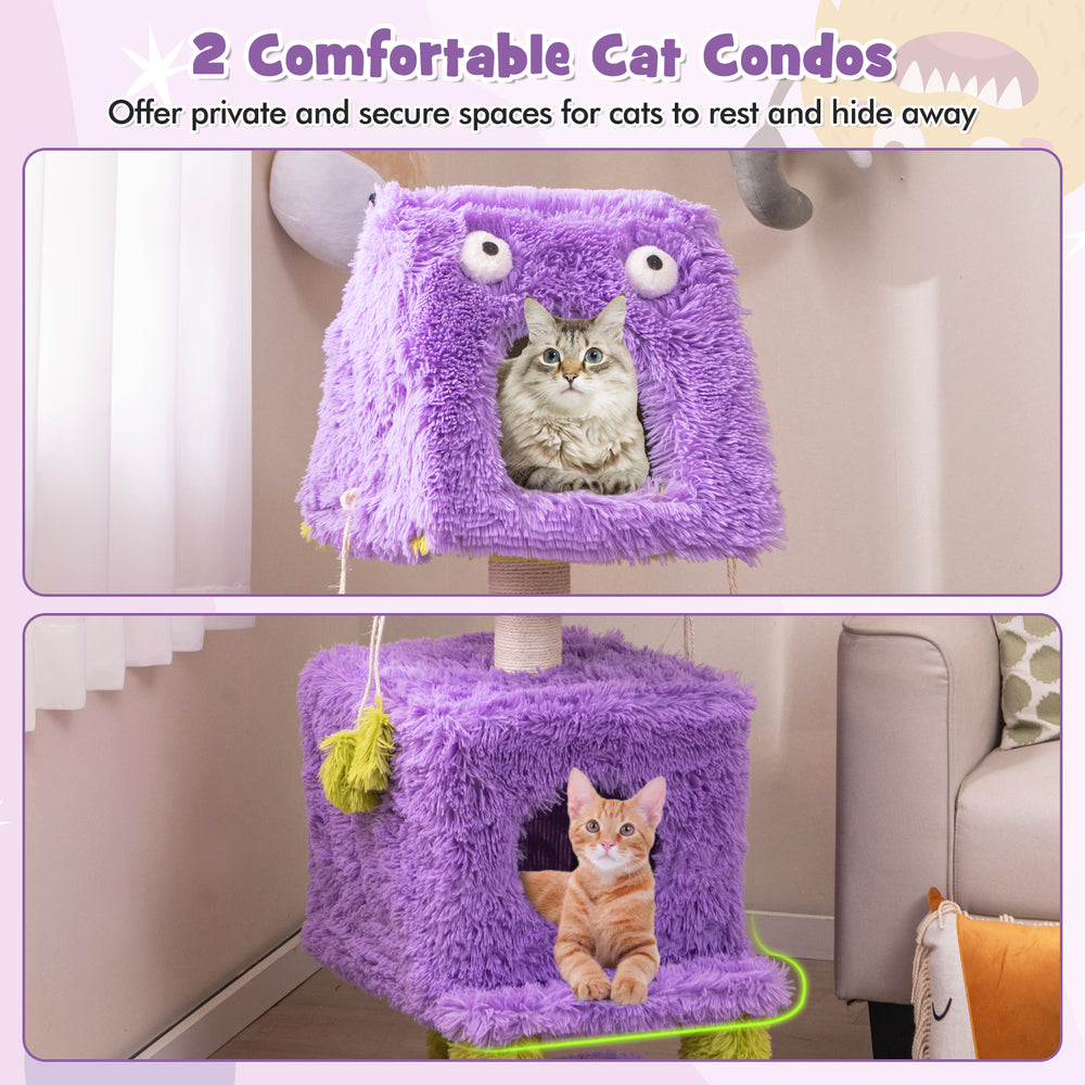 Purple monster-themed cat tower featuring two cozy condos for cats to rest, with plush fabric and sisal scratching post.