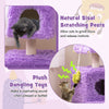 Purple cat tower featuring two cozy condos, sisal scratching post, and plush dangling toys for playful kittens.
