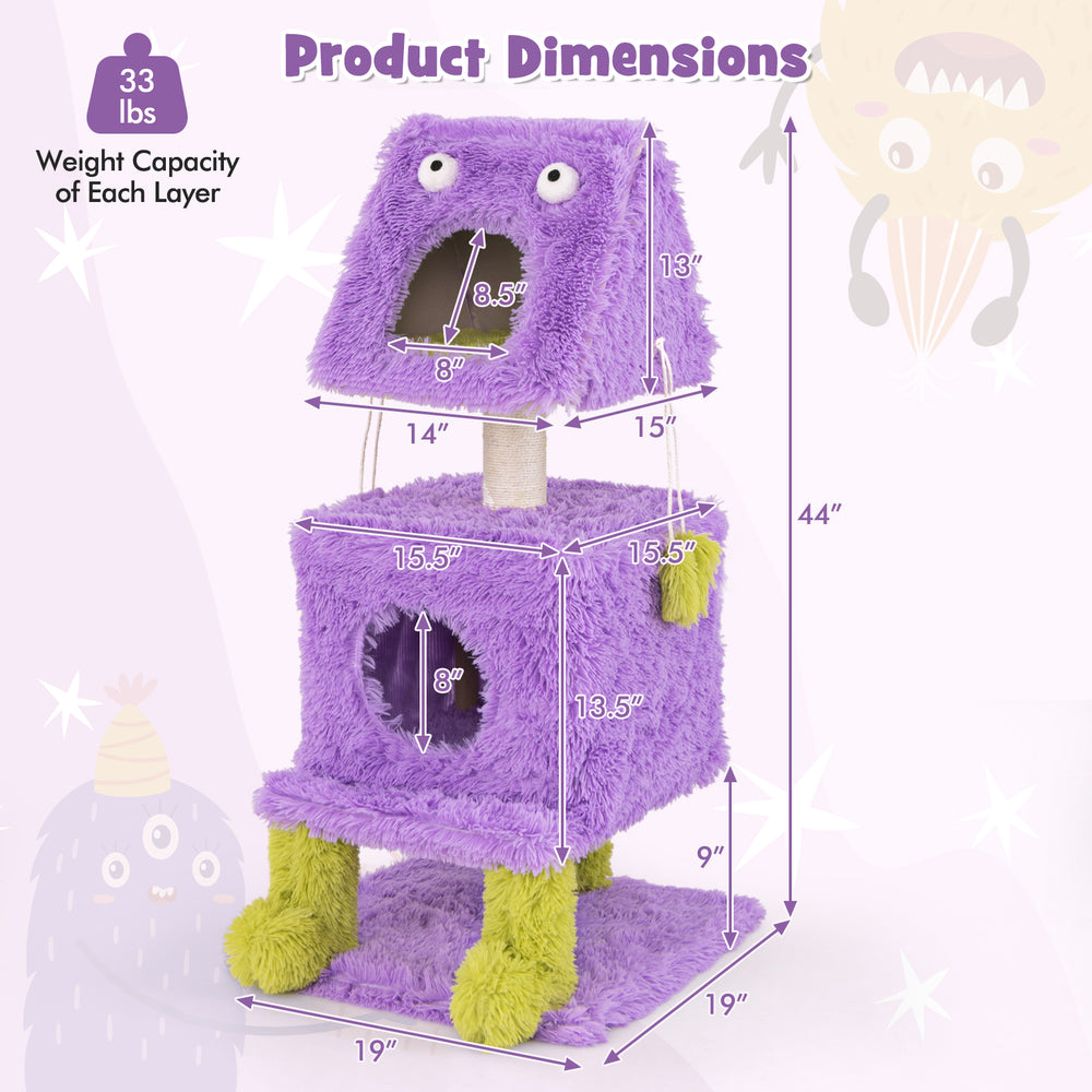 Purple cute monster-themed cat tower with two condos, sisal scratching post, and plush toys for playful comfort.