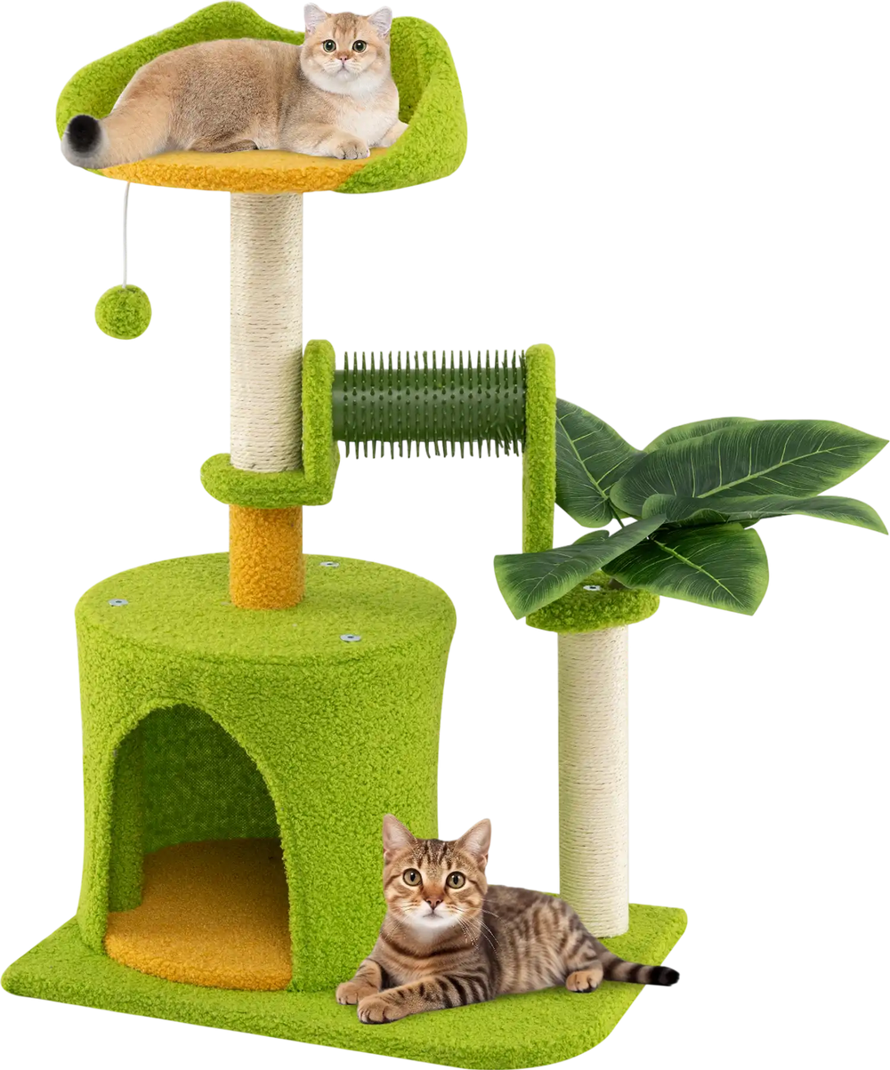 Cat tree with green teddy fleece, scratching posts, and palm leaves, featuring a cozy condo and interactive pompom for.