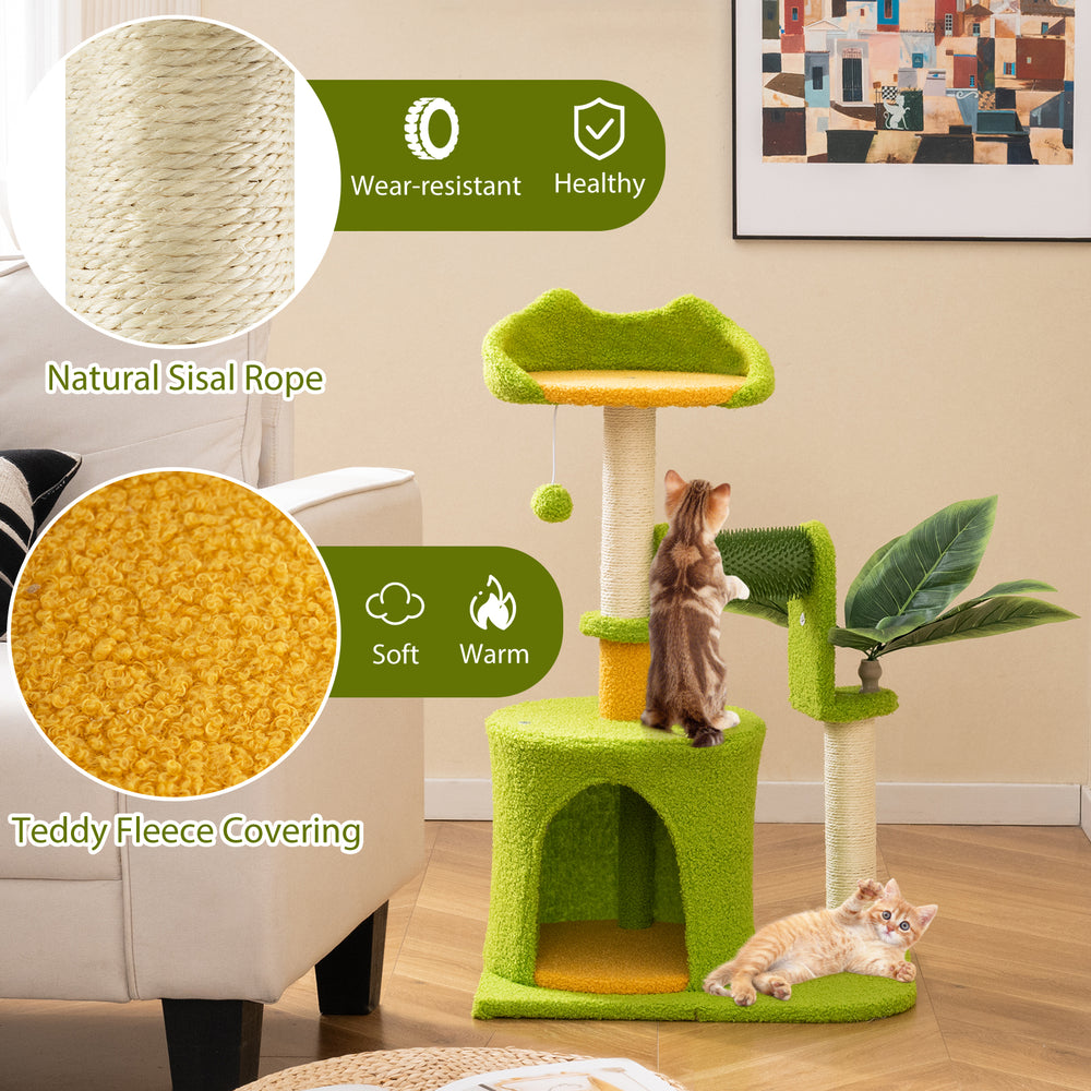 Cute palm cat tree in green with teddy fleece covering, sisal rope, and interactive pompom for indoor cats.