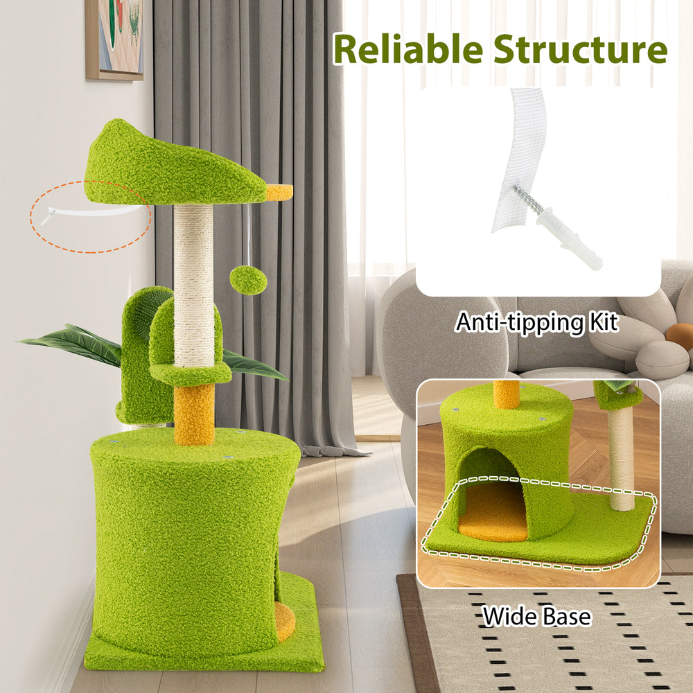Cute palm cat tree in green with scratching posts, spacious condo, and interactive pompom for indoor cats.