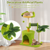 Cute palm cat tree with artificial leaves, scratching posts, and a cozy condo for indoor cats in vibrant green.