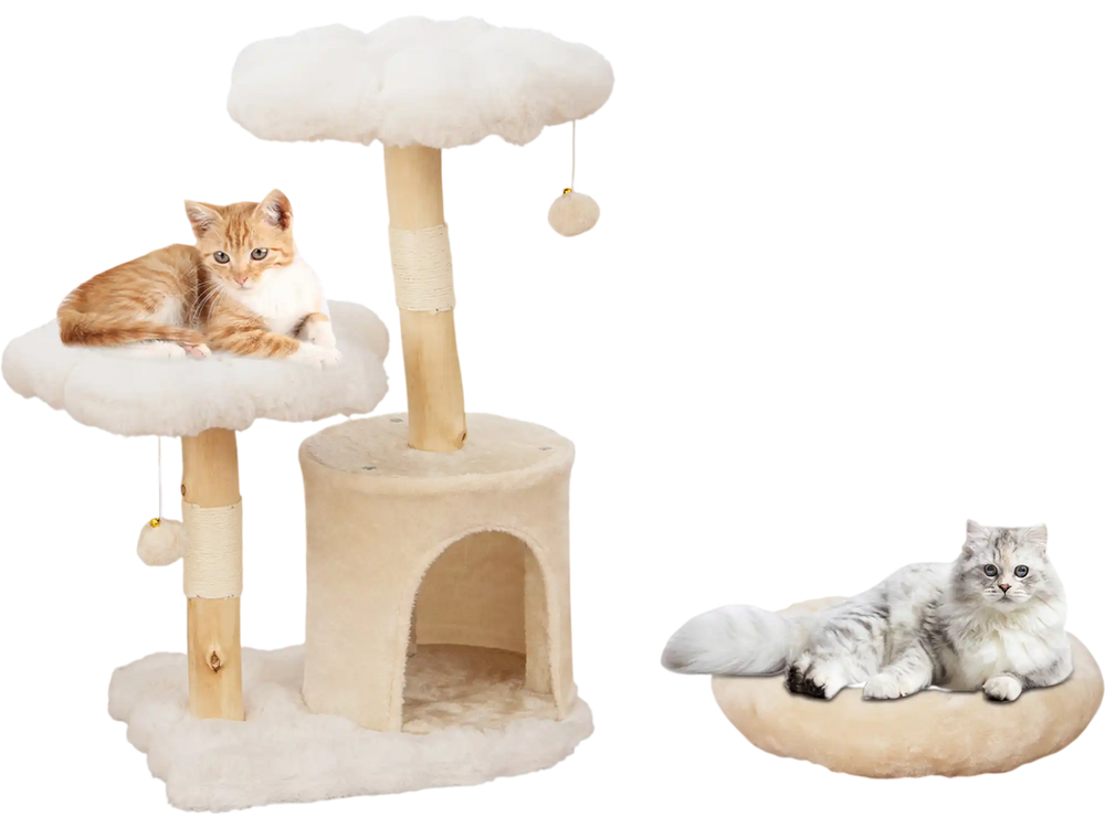 Cat tree with natural wood branches and plush platforms, featuring sisal scratching posts and playful flower design for.