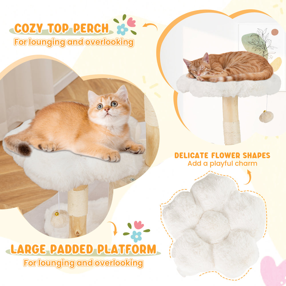 Cozy top perch of the beige cat tree with plush fabric, perfect for lounging and observing in comfort.